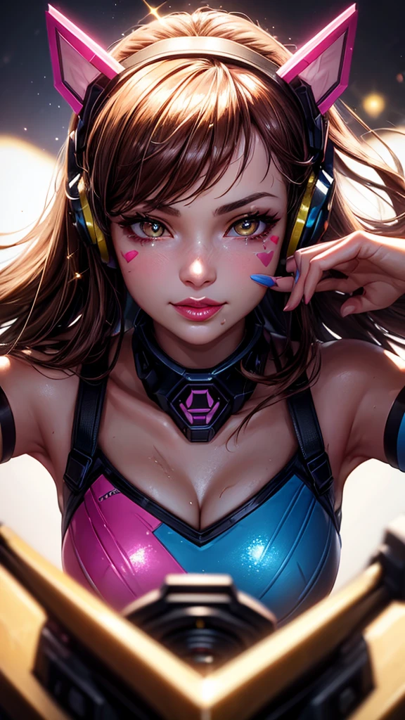 ((masterpiece)), Dva, Overwatch Dva, Dva headgear, Dva facepaint, brown hair, messy hair, heart-shaped pupils, amber eyes, seductive smile, cinematic lighting, sparkle, ray tracing, backlighting, drop shadow, pov, blurry foreground, from above, UHD, 4K, best quality, latex leggings, (((focus on lips))), ((face shot)), (((sparkly lips)))