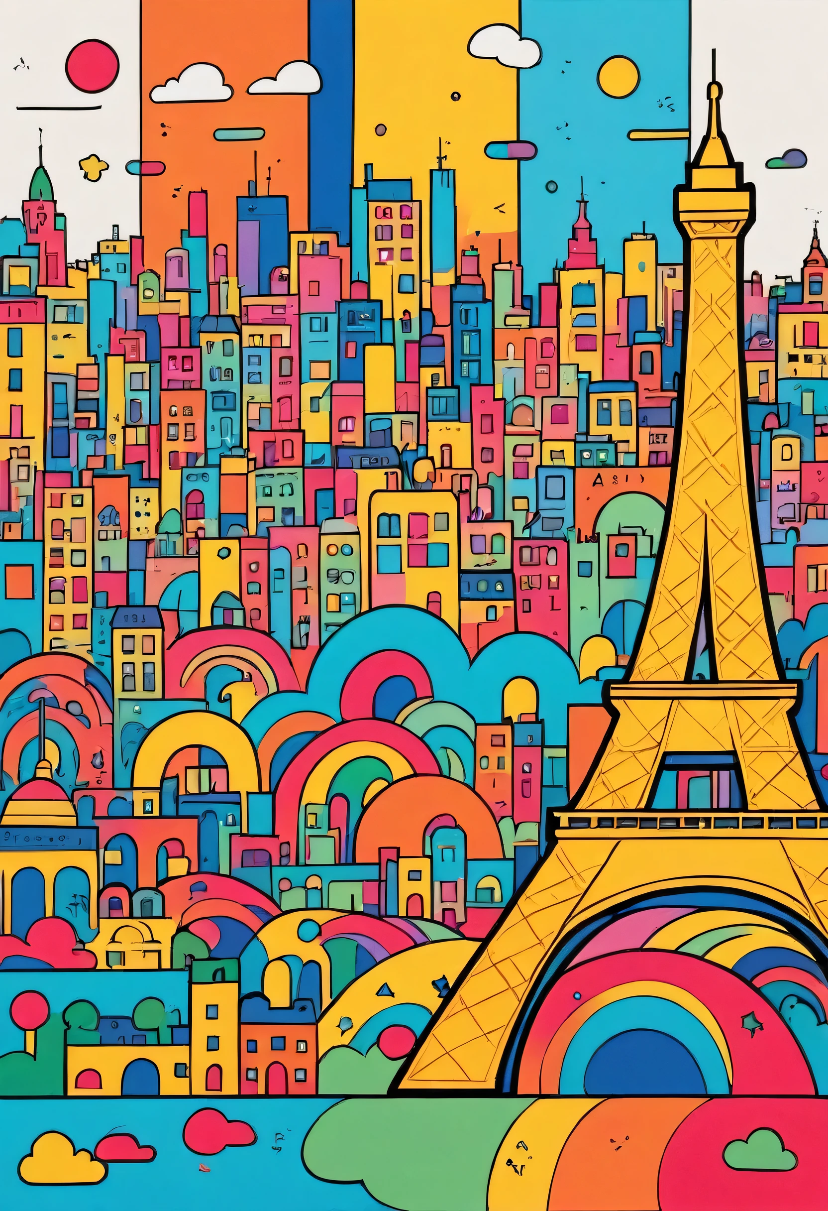 Keith Haring colorful style, Simple Line Initialism,Abstract art,(((Paris cityscape))), (((No people)))