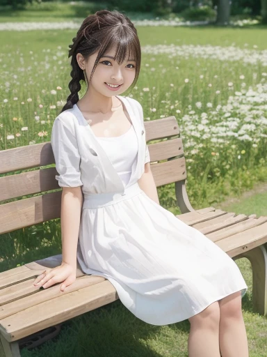 Japanese female, (underweight), (flat chest best quality:1.5), 30 years old, (cheerful grin:1.3),
park, delightful, sitting, braids, (white dress of thin fabric), Japanese, Happy Scene, in the field of flowers, with a bench, full body shot, from front, ground-level shot