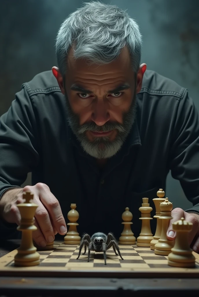 Adult man with short gray hair, Closed short beard that looks serious, playing chess with a single spider