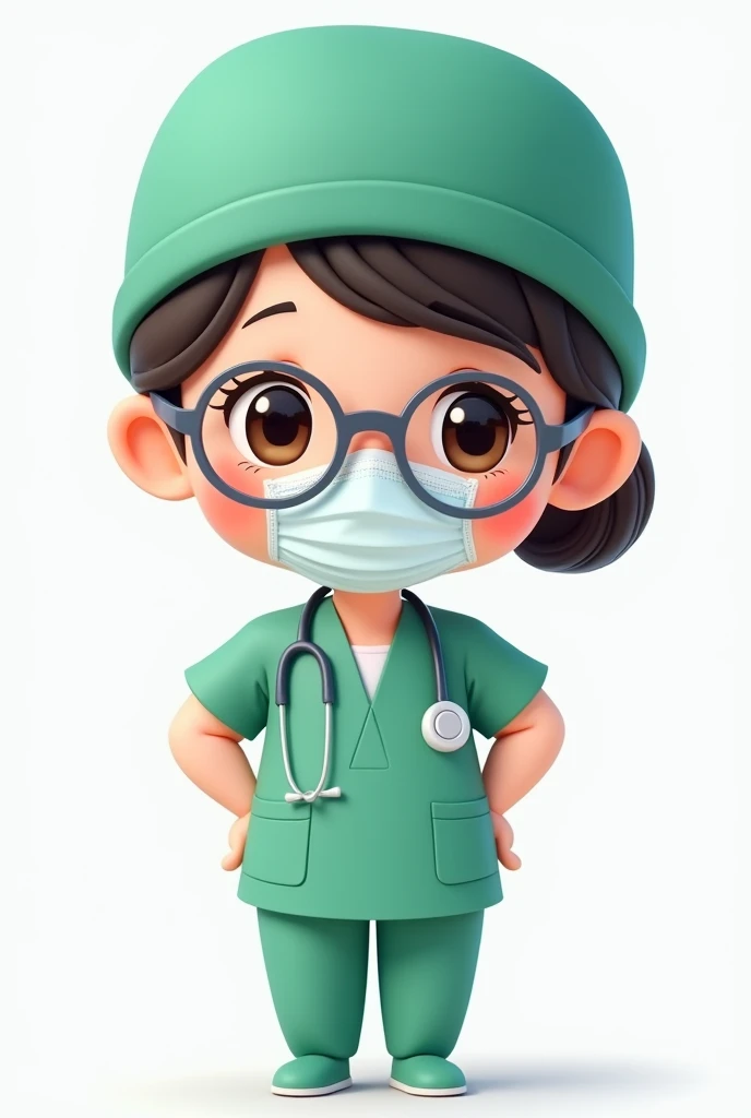 Cartoon chibi girl wearing a green medical hat, wearing a mask, wearing a green scrub, wearing gray glasses