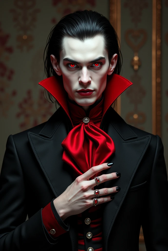 A handsome vampire with straight black hair combed back, intense red eyes and pale skin. She wears a white shirt with lace, a black velvet vest with gold embroidery, and a long black frock coat. She wears tight pants and high leather boots.. In his neck, a red silk cravat, and completes her look with a silver ring with a ruby and a black cape with red satin lining.