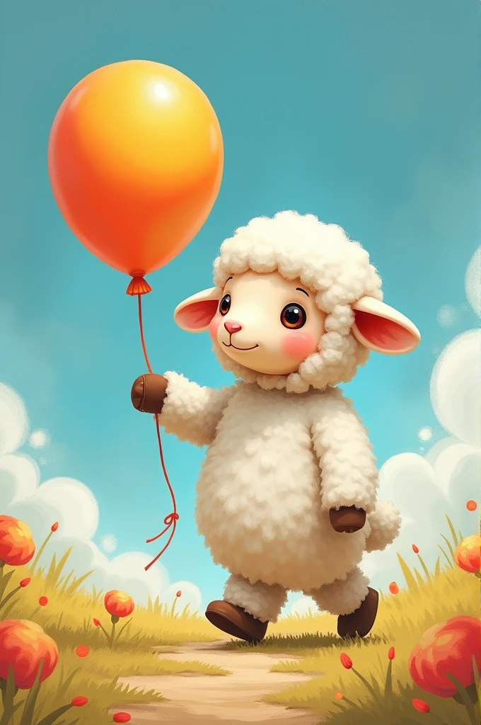 stuffed sheep walking with a balloon. in contrasting childish style