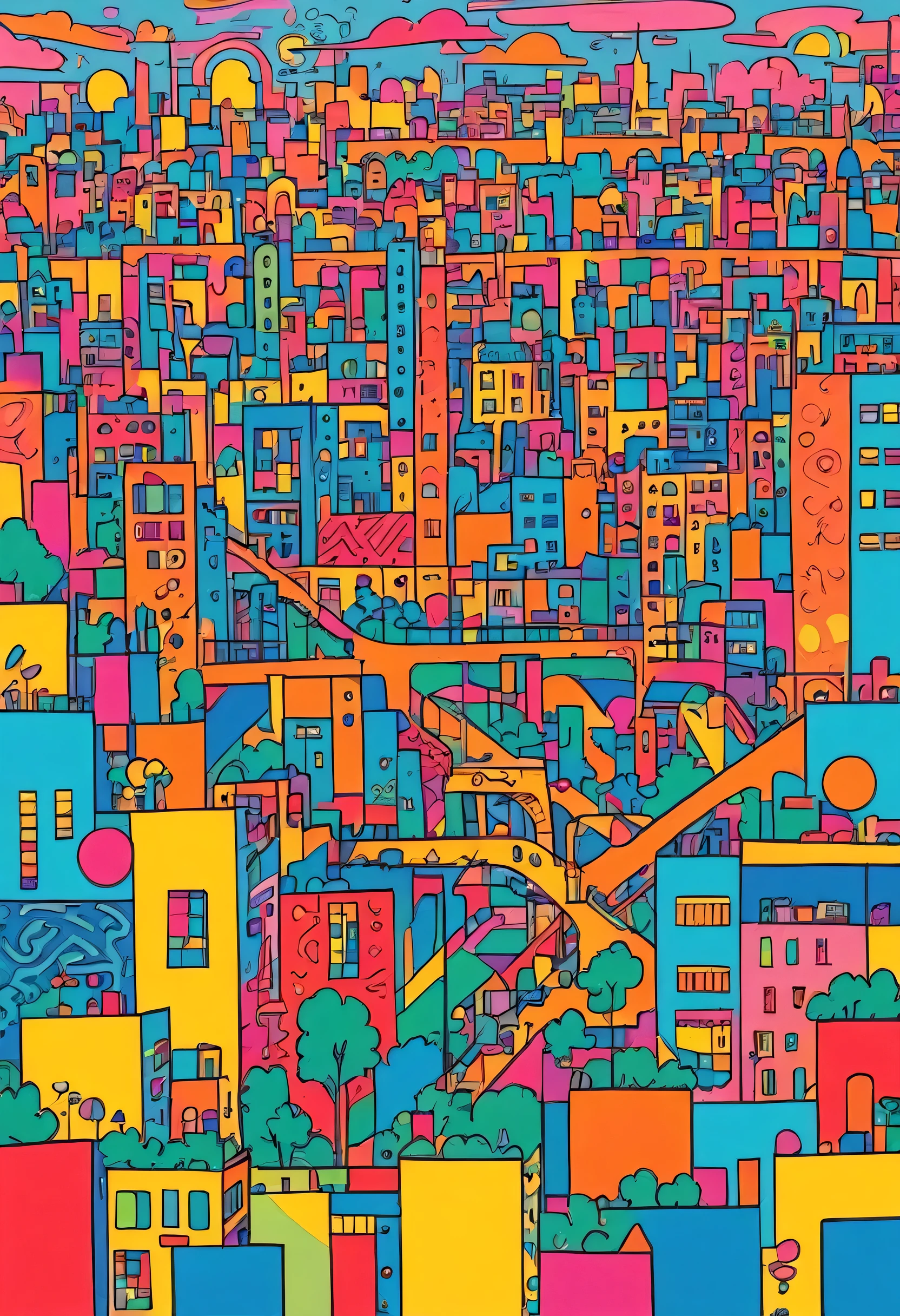 Keith Haring colorful style, Simple Line Initialism，Abstract art，(((Paris cityscape))), (((No people)))