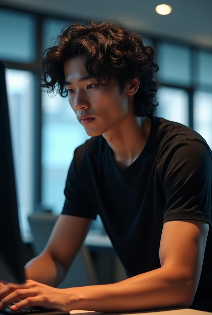 Height 180cm Asian male, natural curls, black short sleeves and shorts, in front of a computer