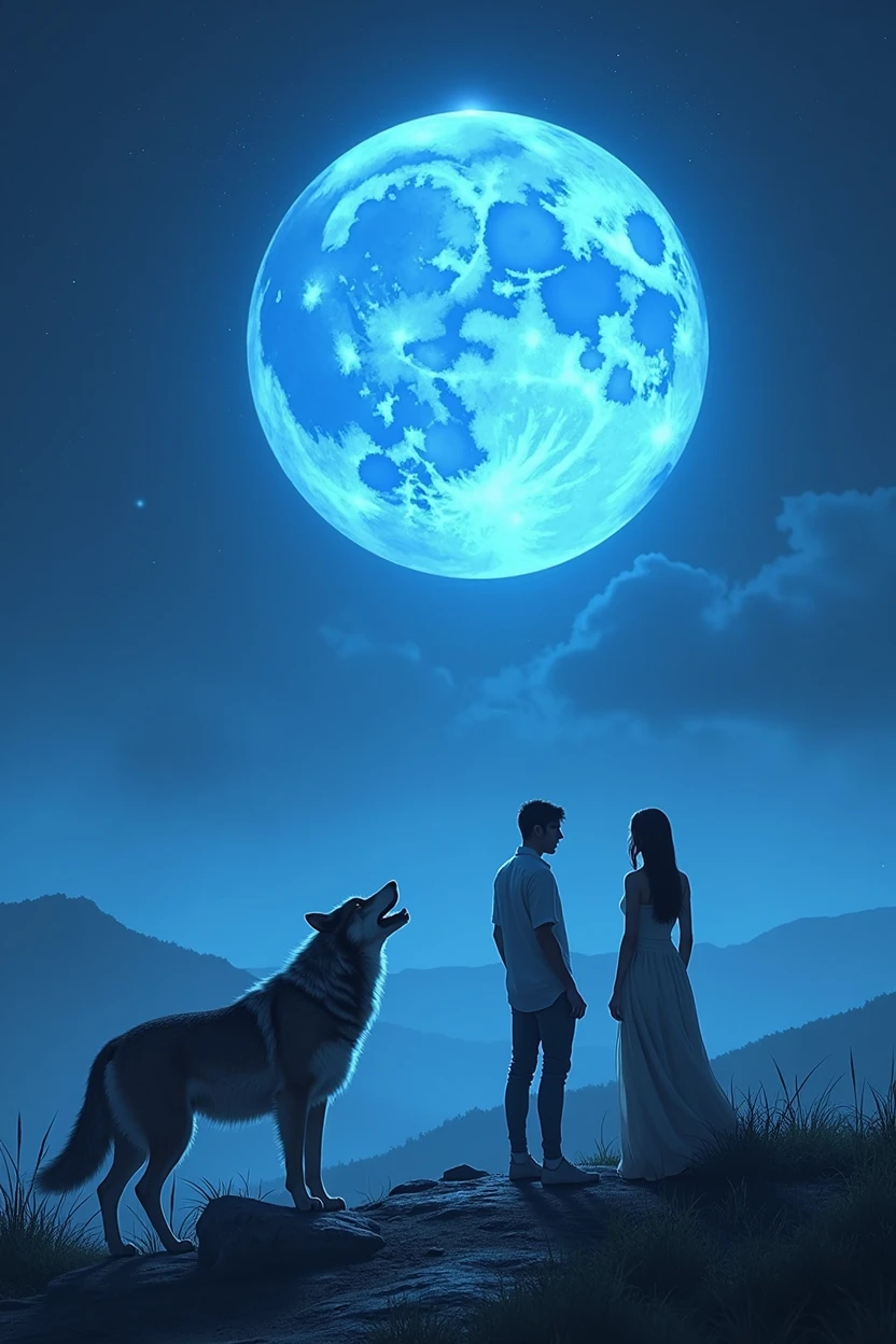 Generate a realistic image of a male and female under a blue moon and a wolf howling