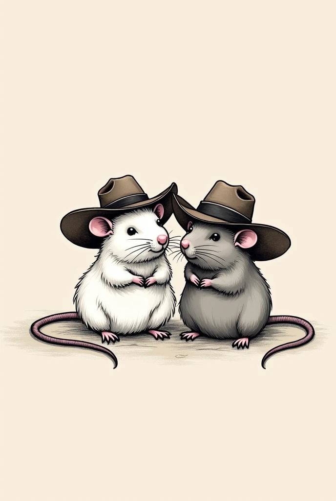 tattoo (simple drawing) of a white rat and a grey rat lying down wearing cowboy hats