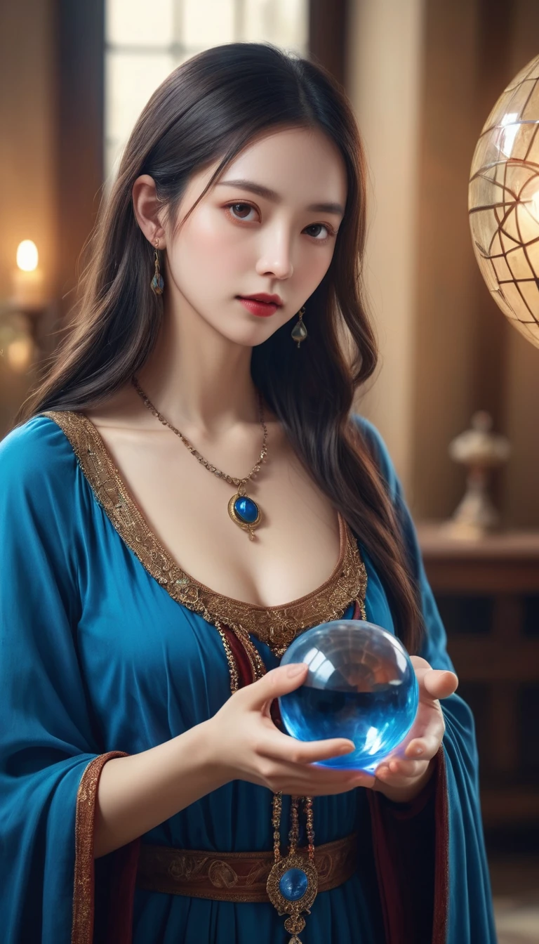Female fortune teller. Body and face orientation: front. Charm, Beautiful and mysterious. She is wearing a blue cape、Have a clear face. The atmosphere is bright and sparkling, Filled with anxiety and anticipation. A fortune teller is standing. He has a crystal ball in his right hand. The lighting in the room is bright, Create a fantastic atmosphere. Best image quality, 4K or 8K resolution. Extremely detailed and realistic, Almost photorealistic. Artistic style is、It should reflect the formula's aesthetic with bright colors and strong contrast。. The color palette should emphasize the mysterious and mystical theme of the piece.. The fortune teller's cloak is decorated with metal trim and intricate designs.、The thickness ratio is 1.5. The overall atmosphere is starry and magical.. The fortune teller's facial expression should arouse mystical interest..