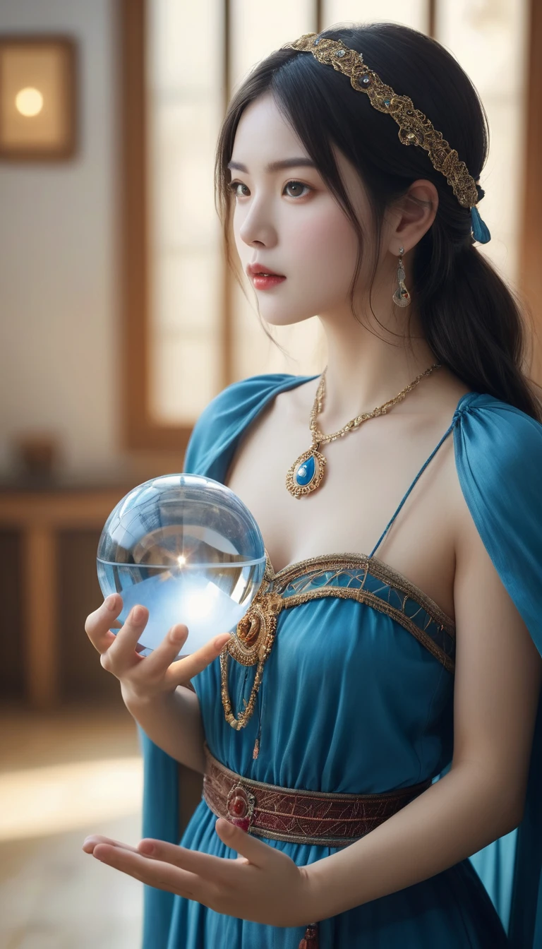 Female fortune teller. Body and face orientation: front. Charm, Beautiful and mysterious. She is wearing a blue cape、Have a clear face. The atmosphere is bright and sparkling, Filled with anxiety and anticipation. A fortune teller is standing. He has a crystal ball in his right hand. The lighting in the room is bright, Create a fantastic atmosphere. Best image quality, 4K or 8K resolution. Extremely detailed and realistic, Almost photorealistic. Artistic style is、It should reflect the formula&#39;s aesthetic with bright colors and strong contrast。. The color palette should emphasize the mysterious and mystical theme of the piece.. The fortune teller&#39;s cloak is decorated with metal trim and intricate designs.、The thickness ratio is 1.5. The overall atmosphere is starry and magical.. The fortune teller&#39;s facial expression should arouse mystical interest..