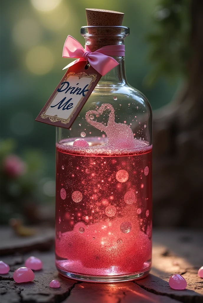 create alice in wonderland potion, that has a tag that has a ribbon strip and the tag hanging says drink me, that the potion looks shiny, that it is more transparent reddish pink, the bottle is elongated but cylindrical instead of the brown cord , poner el lazo rosado
dejarlo así pero que el frasco sea elongated and cylindrical y más delgado, put more sparkles of fine glitter in the liquid put Alice in Wonderland background in the bottle, elongated and cylindrical, that the label is more noticeable, do not put a label on the bottle, only in the neck of the bottle flask, elongated and cylindrical,