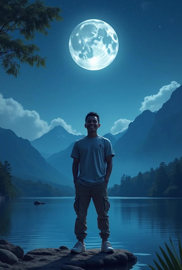 A very starry night. Big moon behind the mountains. The calm lake reflects the night.close up, a malaysian man 28 year, casual shirt, cargo pants, sneakers, graceful standing pose, happy expression, abdurrahnman saleh, realistic scene, detail, Photorealism, 16k
