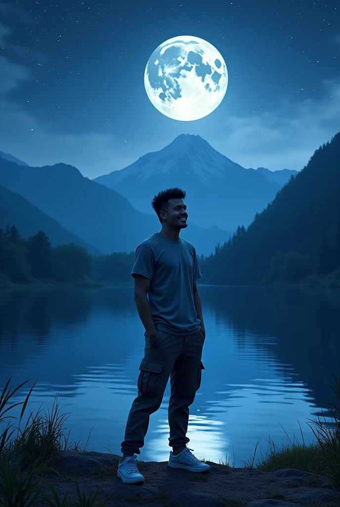 A very starry night. Big moon behind the mountains. The calm lake reflects the night.close up, a malaysian man 28 year, casual shirt, cargo pants, sneakers, graceful standing pose, happy expression, abdurrahnman saleh, realistic scene, detail, Photorealism, 16k