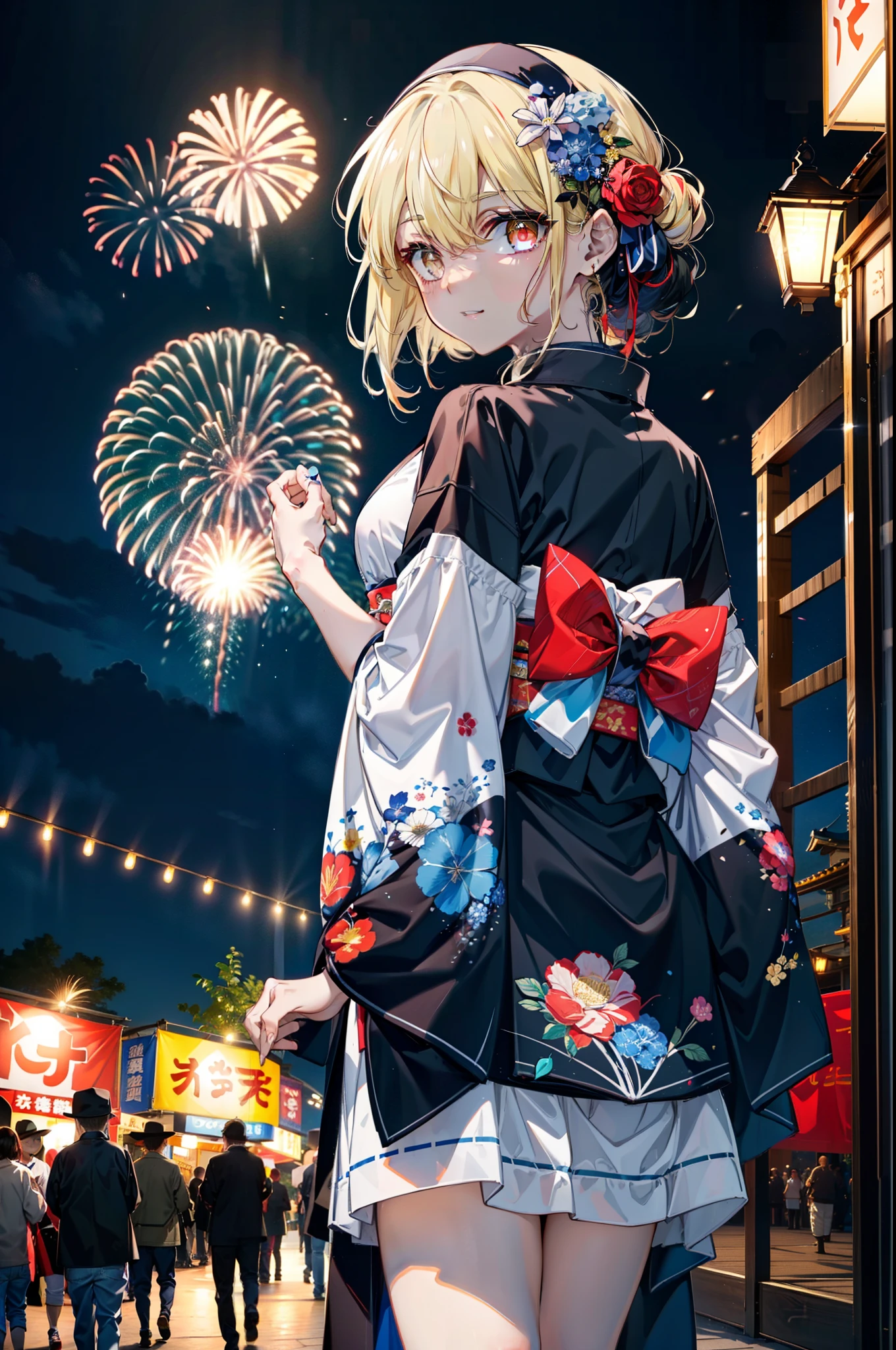Eiswallenstein, Eyes Wallenstein, blonde, Hair between the eyes, hair band, Long Hair, (Yellow Eyes:1.5), hair tied back,Flower Hair Ornaments,smile,blush,Blue Kimono,日本のfestival,夏festivalの屋台,Red lantern,Fireworks in the night sky,Fireworks,The place is a fireworks display,Time is night,whole bodyがイラストに入るように,
break looking at viewer,whole body, (Cowboy Shot:1. 5),
break ourdoors ,festival, break (masterpiece:1.2), Highest quality, High resolution, unity 8k wallpaper, (shape:0.8), (Beautiful and beautiful eyes:1.6), Highly detailed face, Perfect lighting, Extremely detailed CG, (Perfect hands, Perfect Anatomy),