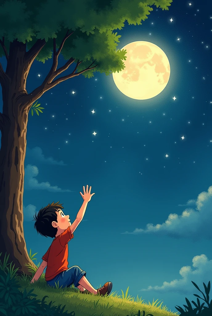 a boy sitting under the tree and it’s dark evening the sky with full moon and stars around it and the boys right hand trying to touch moon animated image