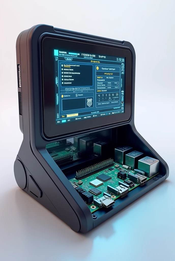 Generate a Rasberry pi 4 development board case with 7 inch touch screen with tablet layout, secondary data screen, battery, and ventilation 
(futuristic design)