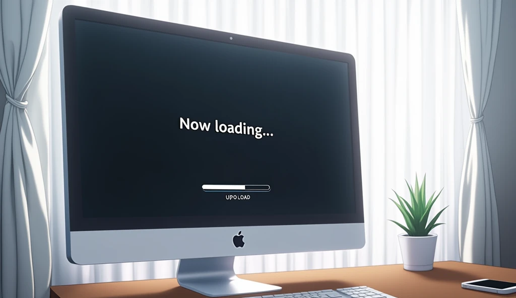 Diagonal cut,Wide Mac-style computer monitor,A closed white curtain behind the monitor,「Now loading...」Character,Loading bar,Loading screen,At the bottom right corner, click「UP LOAD」button, mouse pointer,Anime Style, Shooting from an oblique angle,High resolution,
