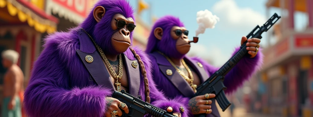 1 purple female ape and 1 purple ape, With giant and high-caliber weapons, with gangster SUIT with chains, tattooed, with huge diamond and gold rings, smoking with a pipe, at an Indian fair, In the middle