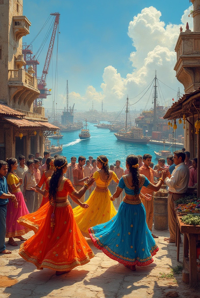 maritime relation of surat, city in Gujarat, garba dance and diamond business, add ins visakhapatnam in background

