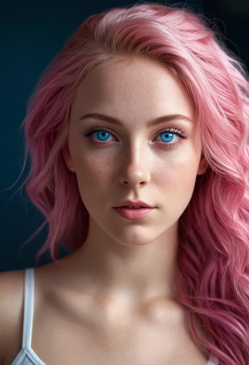 white girl, with a great body,pink hair, blue eyes, hyperdetailed photographs,4k photography, soft light,realist,