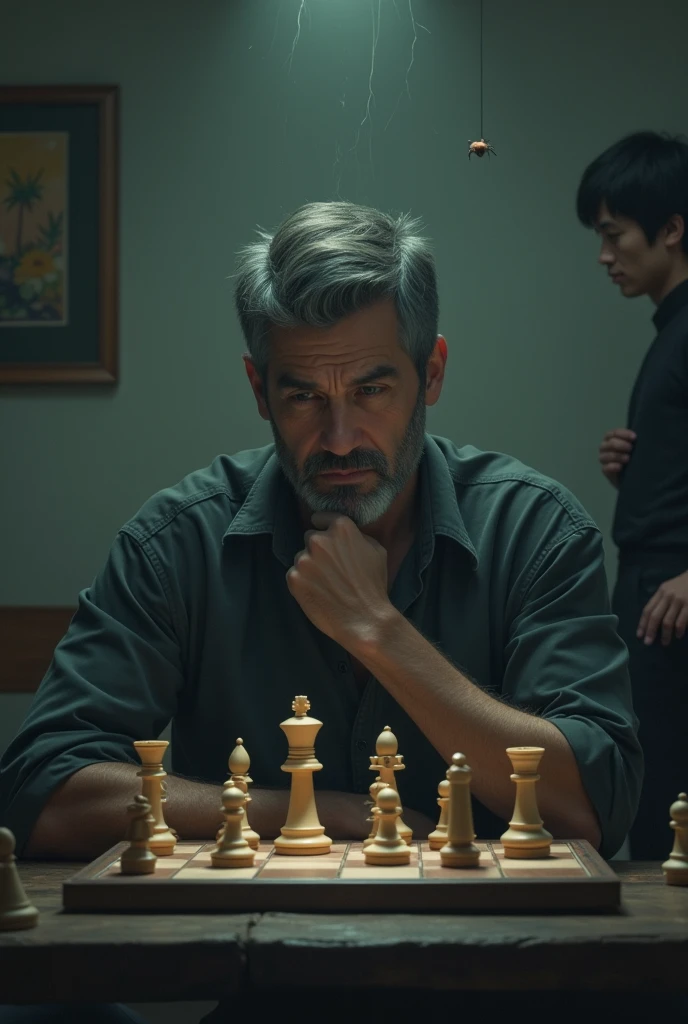 Lonely adult man with short gray hair, half closed beard that looks serious, playing chess with a single spider and Bruce Lee look
