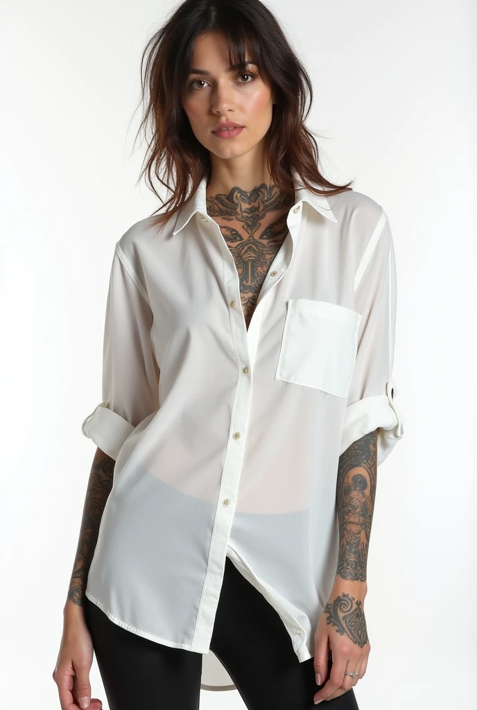 Fashion still photo, STREET WEAR URBAN WOMAN MODEL SLIM WEARING A BLANK GILDAN G500 WHITE SHIRT. TATTOOS, white background, ((front view))