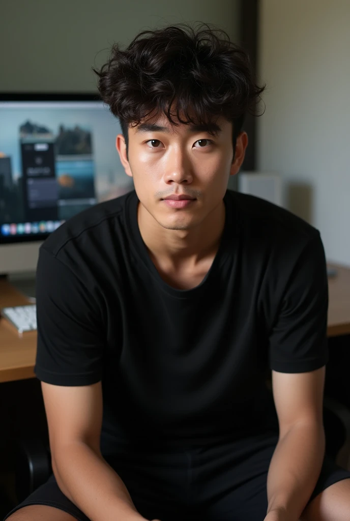 Height 180cm Asian male, natural curls, black short sleeves and shorts, in front of computer, face is a little dark