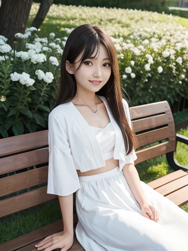 Japanese female, (underweight), (flat chest best quality:1.5), 30 years old, (cheerful grin:1.3),
park, delightful, sitting, long hair, (white dress of thin fabric), Japanese, Happy Scene, in the field of flowers, with a bench, full body shot, from front, ground-level shot