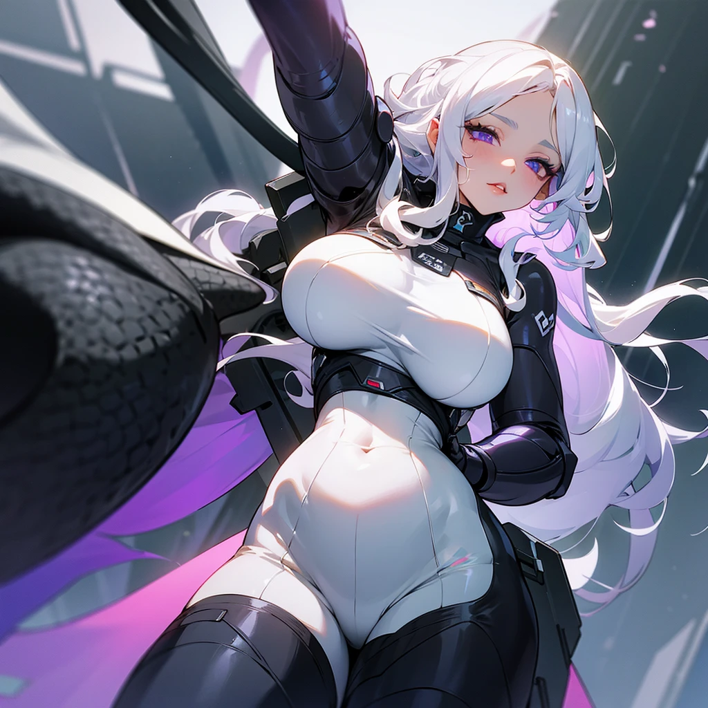 ((ultra quality)), ((masterpiece)), ((sensual)), ((Angelic beauty woman)), ((long white curly hair)), ((White hair)), ((White hair)), ((curly hair)),  (beautiful face), (beautiful female lips), Enchanting ((Seductive facial expression)), looks at the camera with a slight smile, (White skin color), (White skin), glow on the body, ((detailed eyes)), ((Next to a huge black snake)), ((violet eyes)), (juicy female lips), (dark eyeliner), (beautiful female hands), ((thick body)), ideal female body, ((combat suit)), beautiful waist, beautiful big hips, , thick thighs, ((threatening and beautiful)) (), ((depth of field)), ((high quality clear image)), (delete details), ((High detail)), ((clear focus))