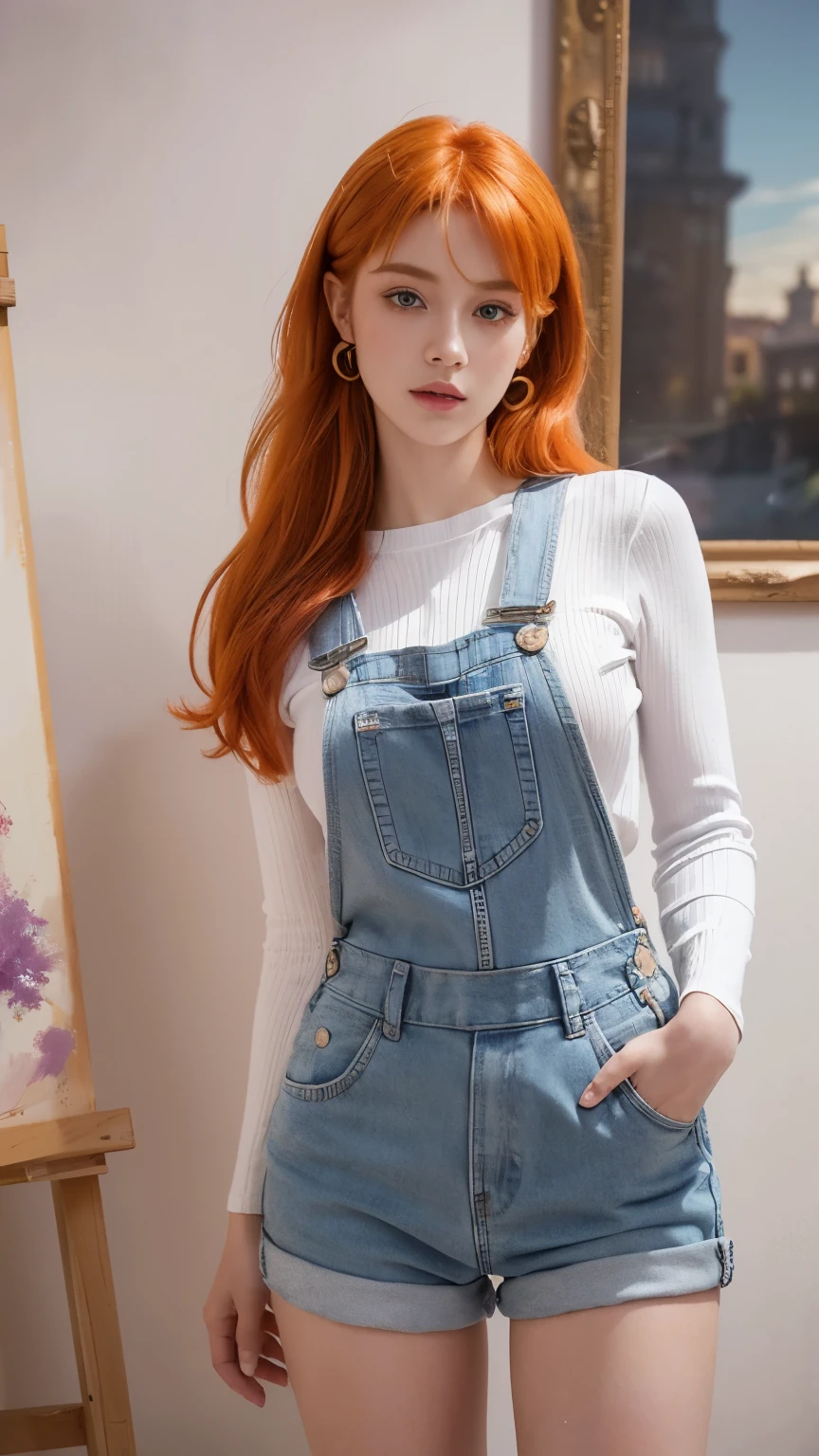 a girl with orange hair, wearing “lilac” overalls, long socks, beautiful body, beautiful face, painting studio in the background, (best quality,4k,8k,highres,masterpiece:1.2),ultra-detailed,(realistic,photorealistic,photo-realistic:1.37),intricate details, vibrant colors, warm lighting, cinematic composition