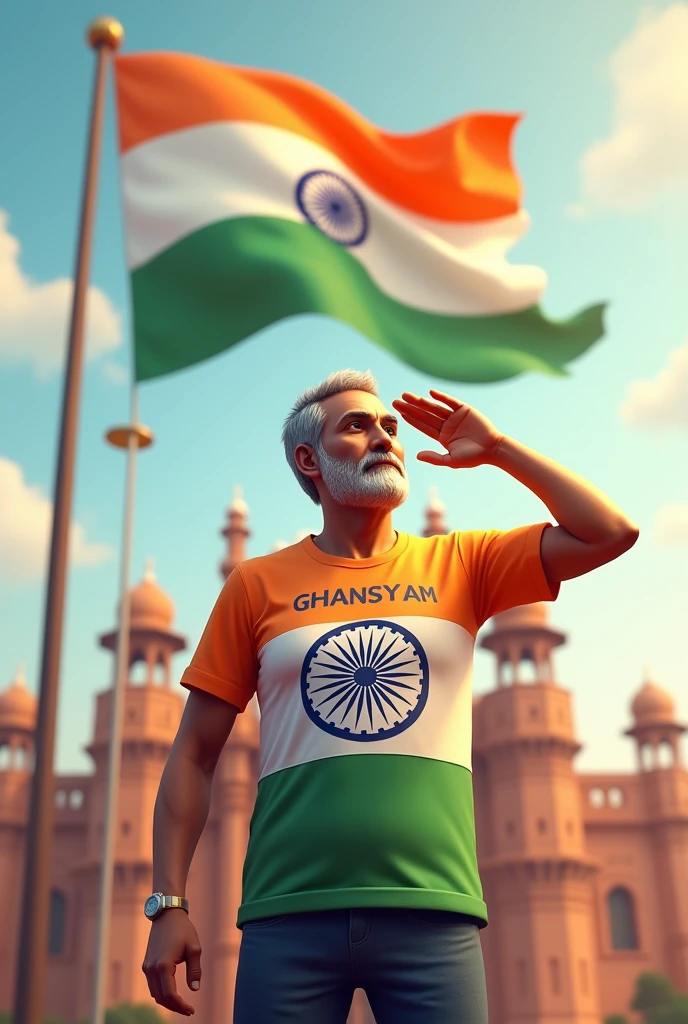 a 45 years old men selutes national flag of Bharat and he is wearing a shirt print is like Bharat flag"GHANSHYAM"and 18 number and republic day in small is written an it's back in big and bold forts 3D illustration 