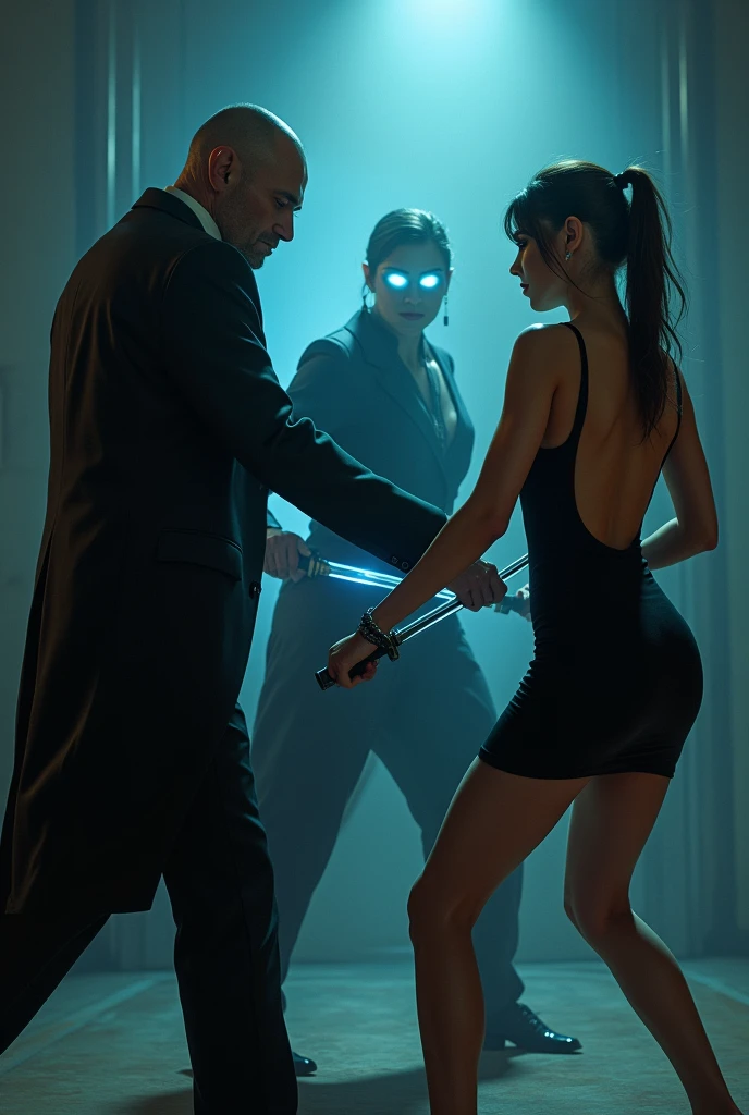 (Two spy girls, dressed in sleek, hot black backless dresses, are engaged in an intense sword fight against a menacing man in a sharp suit.The man eyes glowing blue entrance while fight with swards against girls.
He is looking into their using Hypnosis on two girls 