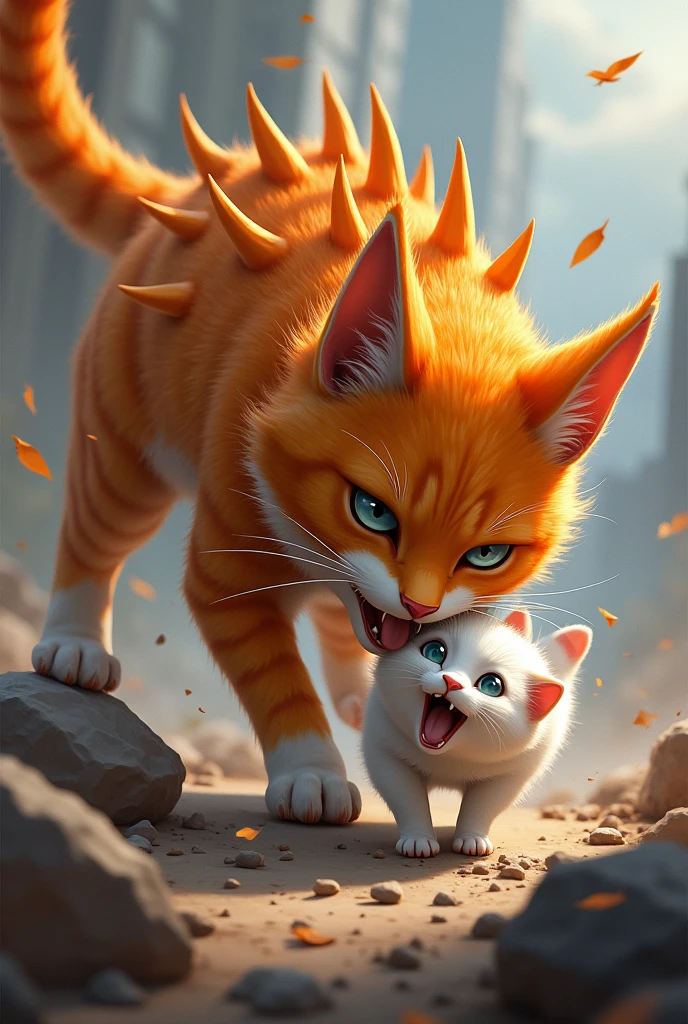 orange cat,spikes at the back,war, fighting,small white cat,high pixel,best quality,best detail