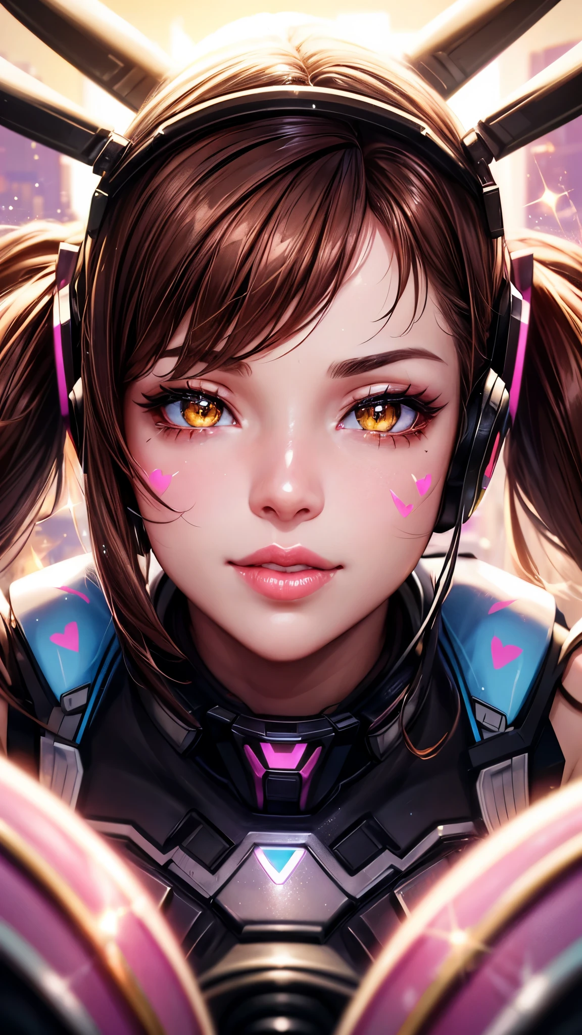 ((masterpiece)), Dva, Overwatch Dva, Dva headgear, Dva facepaint, brown hair, messy hair, heart-shaped pupils, amber eyes, seductive smile, cinematic lighting, sparkle, ray tracing, backlighting, drop shadow, pov, blurry foreground, from above, UHD, 4K, best quality, latex leggings, (((focus on lips))), ((face shot)), (((sparkly lips)))