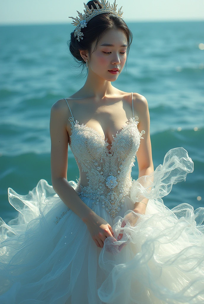 Vietnamese arafed woman with huge breasts, wearing a dress made of water, At the sea, wearing a gorgeous dress, gorgeous dress, intricate dress, elegant fire dress, gorgeous and elegant, lavish dress, inspired by Hedi Xandt, gorgeous dress, intricate dress, gorgeous royal dress, gorgeous clothes, gorgeous dress, intricate and elegant, dress with many intricate details, gorgeous, high heels, royal dress, detailed hands, Fire in the body, water on the dress, lightning element, fire element, lightning wings, full water, Transparent clothes, masterpiece, best quality: 1.2),, (8k, high resolution, RAW photo, realistic, realistic photo: 1.3), (detailed skin texture, detailed fabric texture, detailed water, texture, beautiful detailed face: 1.25), professional lighting, photon mapping, lighting beautiful soft light, radioactivity, physically based rendering, ray tracing, model shooting style, model shooting style, (ultra detailed 8k unity CG wallpaper), the most beautiful full body art in the world, Model based on https://photos.google.com/photo/AF1QipMr73g5fIzFk5WUNwuyjxhunUF2mCxsGUsVK1nb, model based on file:///D:/C/Desktop/e%20duong/z5728321478468_c48a1434d8a229637008870c5a128975.jpg