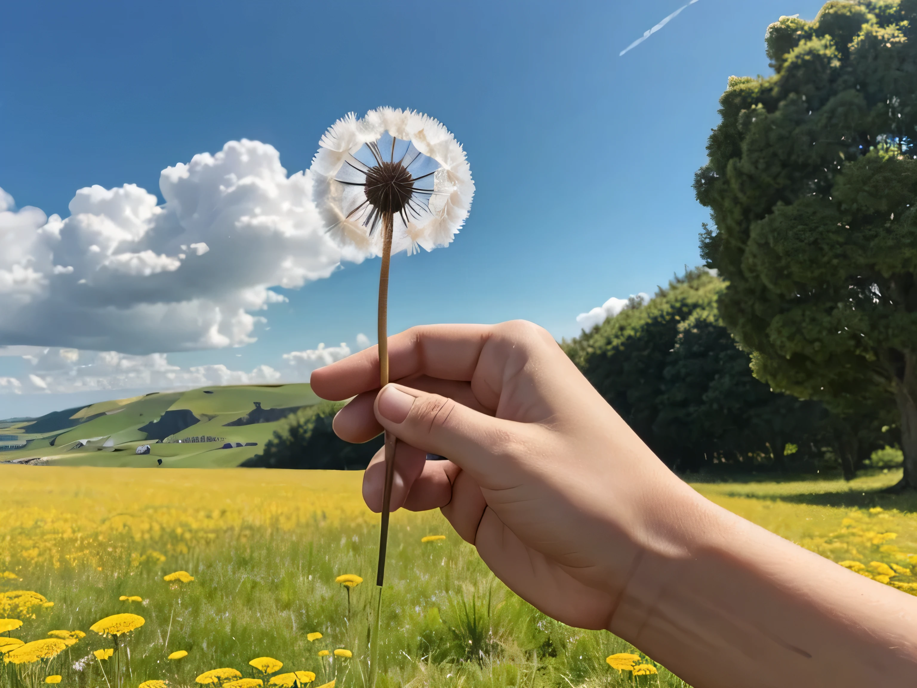 Holding a fluffy dandelion between the thumb and forefinger of the right hand. Draw only the right arm and the tip. No people are drawn. Draw the hand from the bottom right towards the middle. The background is a grassland.