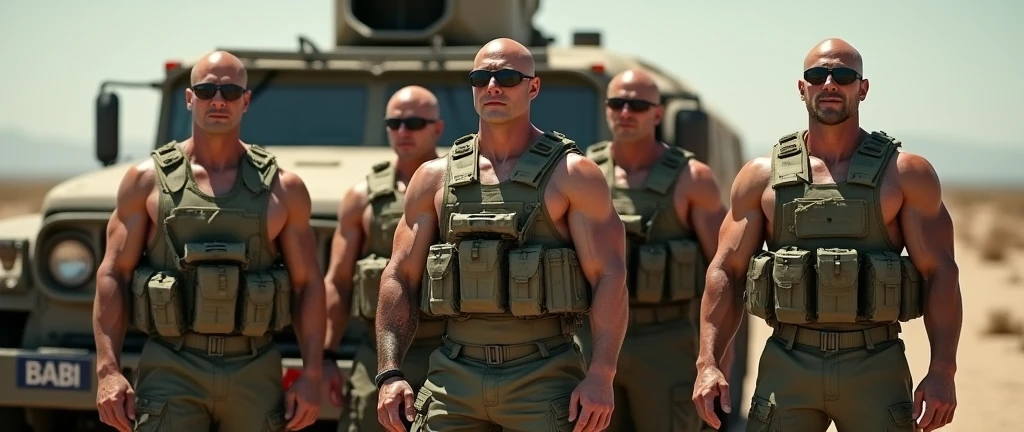 4k ((best quality)), ((masterpiece)), (detailed), hd, realistic face very muscular bald male soldiers full body stand by military truck sunglass,