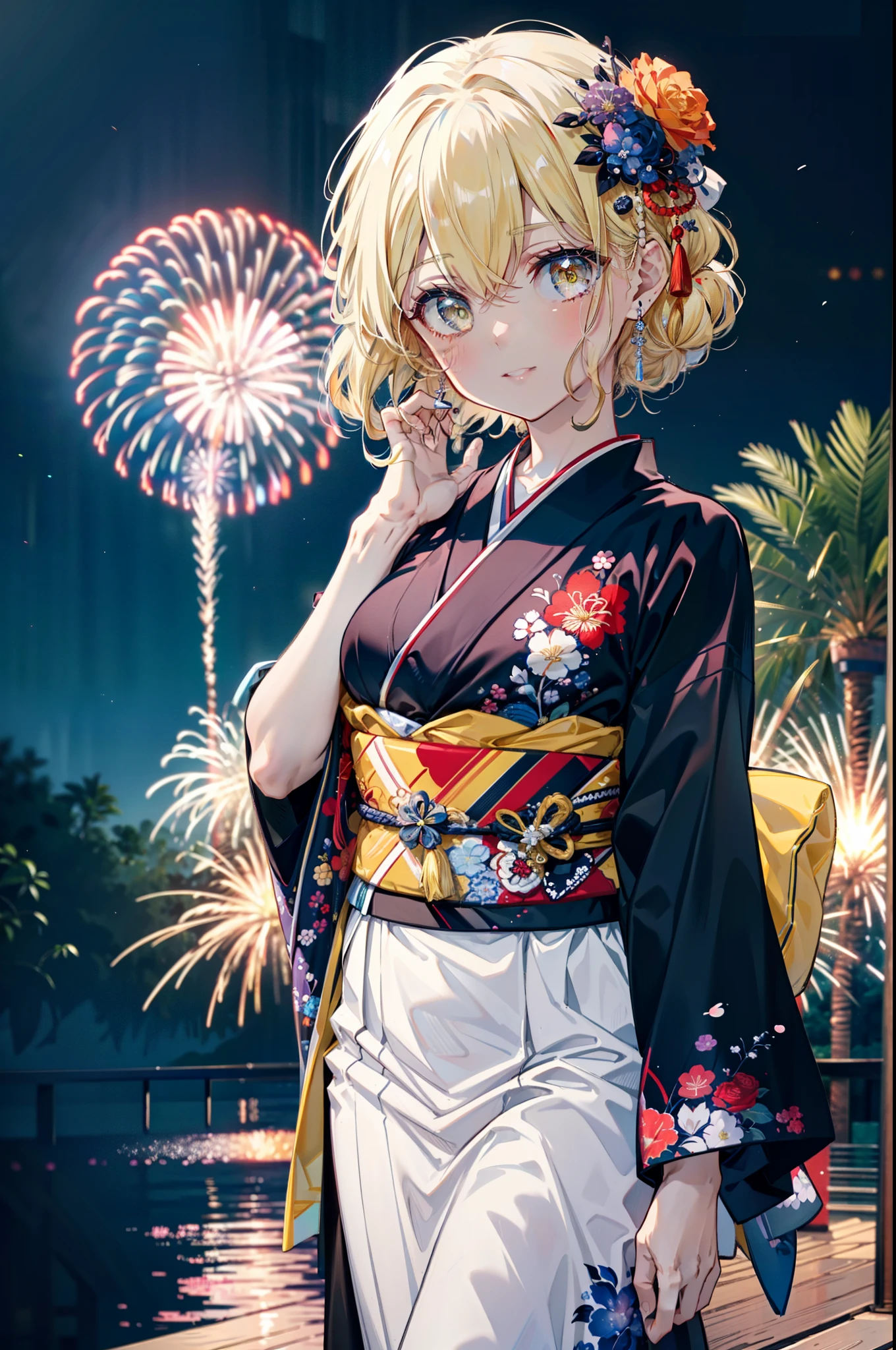 Eiswallenstein, Eyes Wallenstein, blonde, Hair between the eyes, hair band, Long Hair, (Yellow Eyes:1.5), hair tied back,Flower Hair Ornaments,smile,blush,Blue Kimono,日本のfestival,夏festivalの屋台,Red lantern,Fireworks in the night sky,Fireworks,The place is a fireworks display,Time is night,whole bodyがイラストに入るように,
break looking at viewer,whole body, (Cowboy Shot:1. 5),
break ourdoors ,festival, break (masterpiece:1.2), Highest quality, High resolution, unity 8k wallpaper, (shape:0.8), (Beautiful and beautiful eyes:1.6), Highly detailed face, Perfect lighting, Extremely detailed CG, (Perfect hands, Perfect Anatomy),