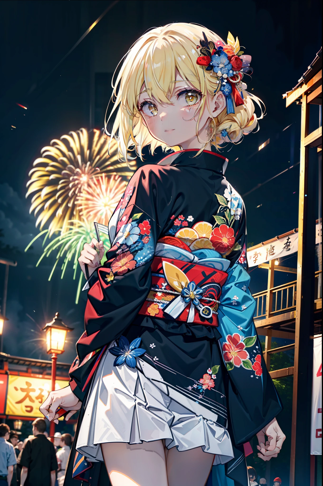 Eiswallenstein, Eyes Wallenstein, blonde, Hair between the eyes, hair band, Long Hair, (Yellow Eyes:1.5), hair tied back,Flower Hair Ornaments,smile,blush,Blue Kimono,日本のfestival,夏festivalの屋台,Red lantern,Fireworks in the night sky,Fireworks,The place is a fireworks display,Time is night,whole bodyがイラストに入るように,
break looking at viewer,whole body, (Cowboy Shot:1. 5),
break ourdoors ,festival, break (masterpiece:1.2), Highest quality, High resolution, unity 8k wallpaper, (shape:0.8), (Beautiful and beautiful eyes:1.6), Highly detailed face, Perfect lighting, Extremely detailed CG, (Perfect hands, Perfect Anatomy),