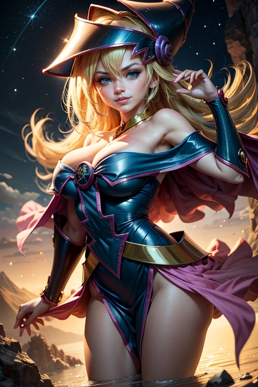(masterpiece:1.2), (The best quality:1.2), Dark Magician Girl ,see in the camera, smiling, medium tits, transparent neckline, blue robe, big hat, from above, Sparkles, mountain in the night on the background, stars in the sky, Yugioh game, The magic of the heart. LIGHTS OF THE HEART, Romantic heart. dragon battle
