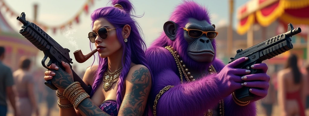 1 purple female ape and 1 purple ape, With giant and high-caliber weapons, with gangster SUIT with chains, tattooed, with huge diamond and gold rings, smoking with a pipe, at an Indian fair