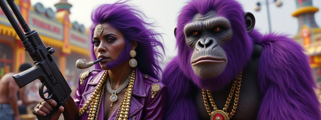 1 purple female ape and 1 purple ape, With giant and high-caliber weapons, with gangster SUIT with chains, tattooed, with huge diamond and gold rings, smoking with a pipe, at an Indian fair