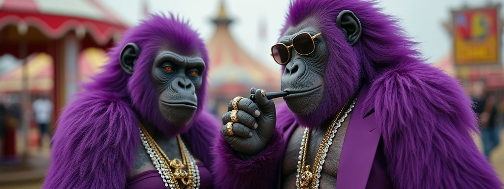 1 purple female ape and 1 purple ape, With giant and high-caliber weapons, with gangster SUIT with chains, tattooed, with huge diamond and gold rings, smoking with a pipe, at an Indian fair