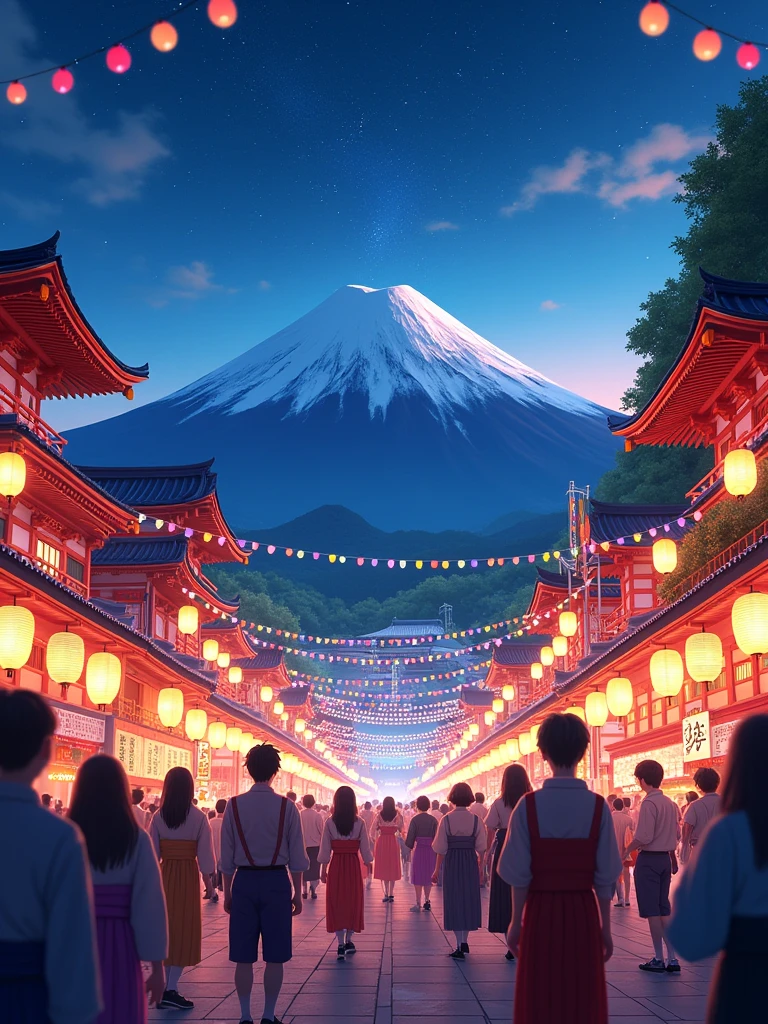 "A vibrant scene of Mount Fuji during a festival celebration. The iconic mountain stands majestically in the background under a clear, star-filled sky. The festival is in full swing, with colorful lights illuminating the surroundings, casting a festive glow. Lanterns and decorations in various hues add to the lively atmosphere. The foreground shows people enjoying the festivities, dressed in traditional attire. The scene captures the beauty of nature and the cultural richness of the event, with the serene beauty of Mount Fuji contrasting with the dynamic energy of the festival."