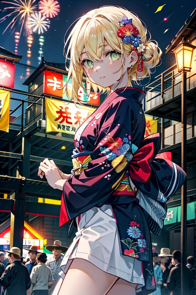 Eiswallenstein, Eyes Wallenstein, blonde, Hair between the eyes, hair band, Long Hair, (Yellow Eyes:1.5), hair tied back,Flower Hair Ornaments,smile,blush,Blue Kimono,日本のfestival,夏festivalの屋台,Red lantern,Fireworks in the night sky,Fireworks,The place is a fireworks display,Time is night,whole bodyがイラストに入るように,
break looking at viewer,whole body, (Cowboy Shot:1. 5),
break ourdoors ,festival, break (masterpiece:1.2), Highest quality, High resolution, unity 8k wallpaper, (shape:0.8), (Beautiful and beautiful eyes:1.6), Highly detailed face, Perfect lighting, Extremely detailed CG, (Perfect hands, Perfect Anatomy),