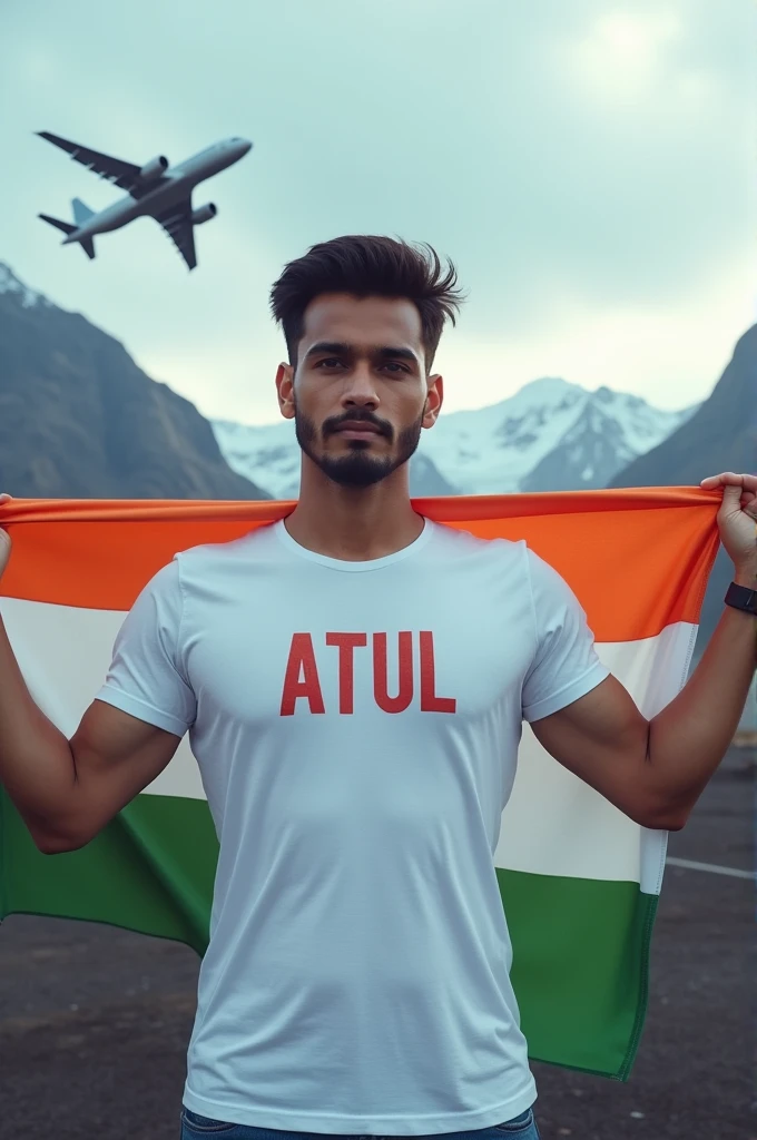 A boy 30 year old wear white t-shirt "ATUL" Name on tshirt, hold a Indian flag, airoplane,iceland,