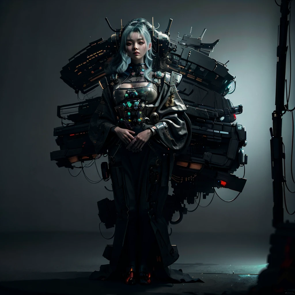 Android, geisha, withroboticparts, inflowerykimono, sci-fi suit, wearing a cyberpunk style, intricate details, (Artstation:1.1), (intricate:1.1), (great eye detail:0.7), solo, female, looking at viewer, photorealistic, 8k, unreal engine, full body, highly detailed,