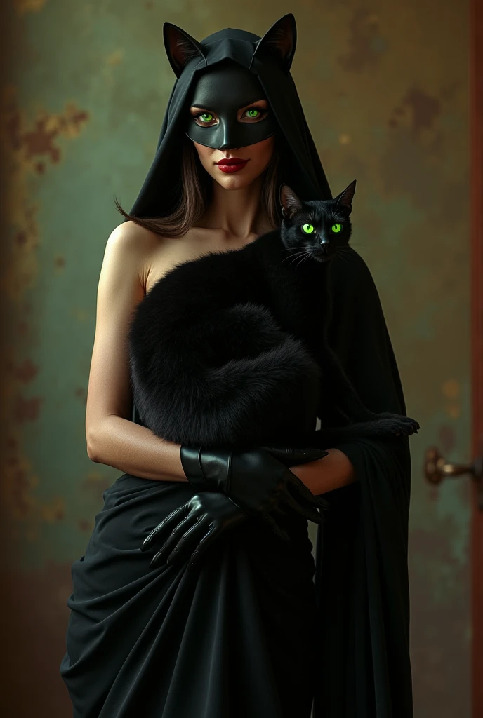 a beautiful girl, in a black saree, high heels, black gloves with sharp cat like claws, wearing a cat mask which covers her glowing green cat eyes with a cowl, her lips are covered with red lipstick, a cunning smile is on her face,holding black cat on her hands, masterpiece, ultra-detailed, 8k, photorealistic, highly detailed face, extremely detailed eyes and face, sexy atmosphere, dramatic lighting, warm color palette