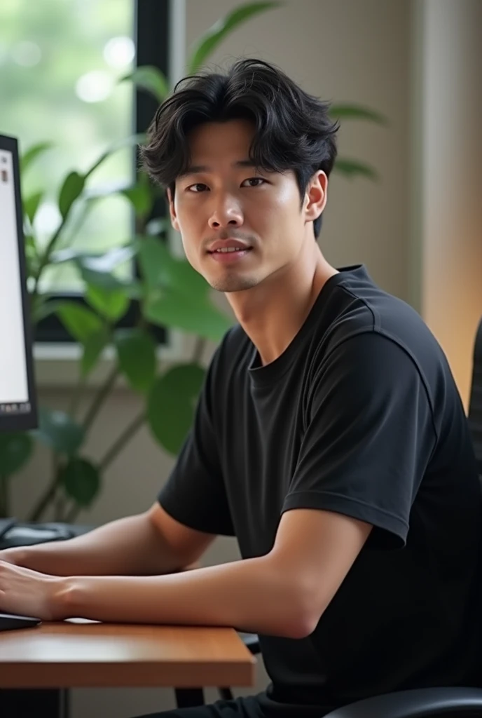 Height 180cm Asian male, natural curls, black short sleeves and shorts, in front of computer, with dark double eyelids