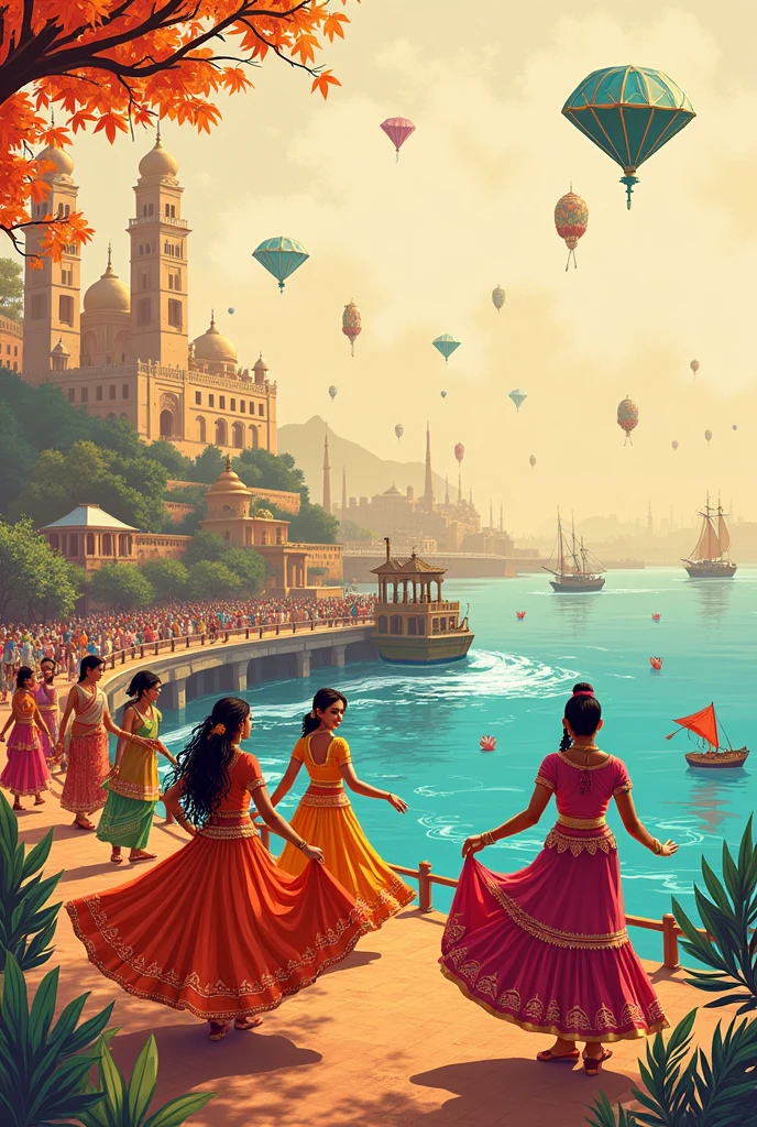 design for brochure showcasing maritime relation of surat, city in Gujarat, garba dance and diamond business, add ins visakhapatnam in background
