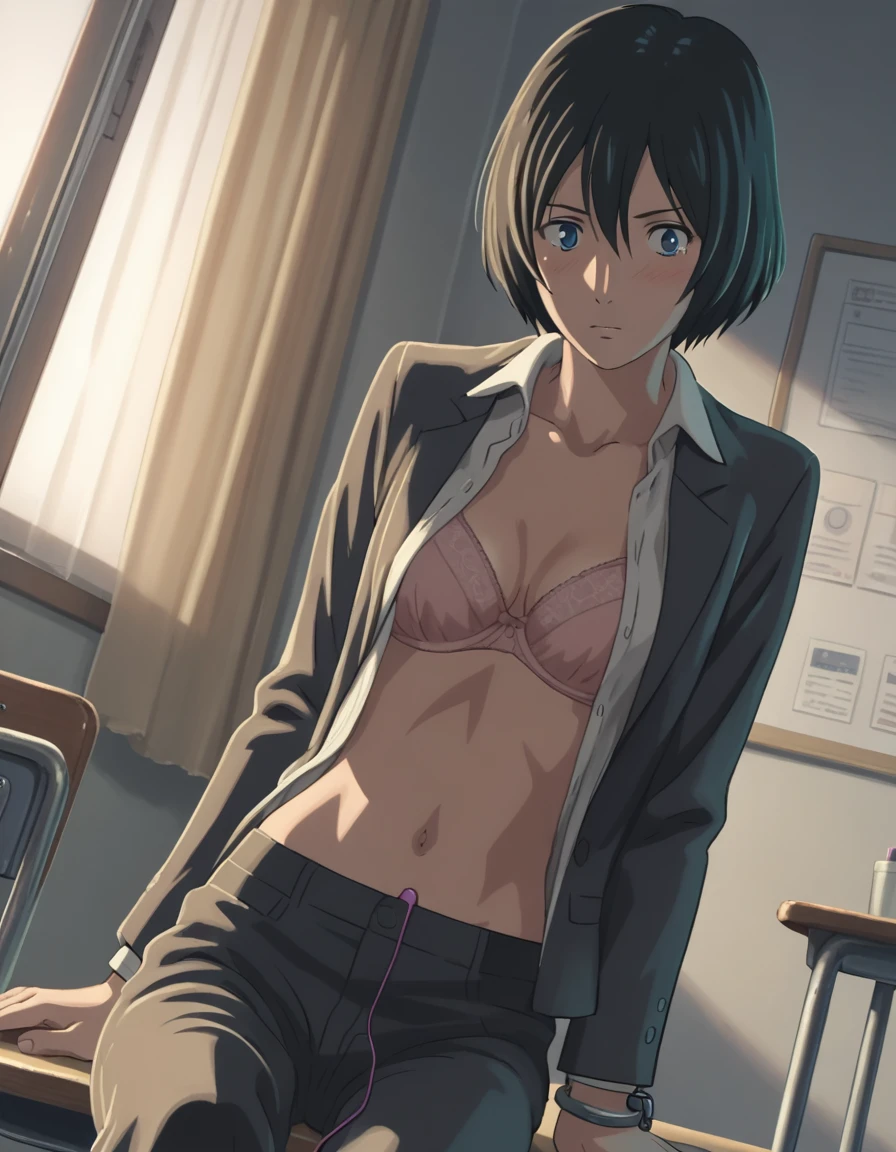 score_9, score_8_up, score_7_up, source_anime,
yukariyukino, yukari yukino, short hair, black hair, detailed blue eyes, hair between eyes,(( perfect eyes )),surprised eyes, Perfect face, expressive eyes,
((??????? open shirt, bra)), , detailed navel, (??????? suit pants),
indoors, school, realistic school, class room,, nsfw, shackles, sitting,,  blush, 
cowboy shot, looking at viewer, solo, dutch angle, arms behand back ,vibrator in panties,